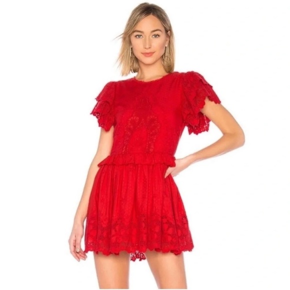 Tularosa Paula Lace Embroidered Ruffle Mini Dress Red - Picture 1 of 7